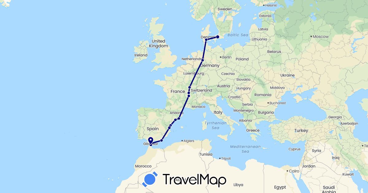 TravelMap itinerary: driving in Germany, Denmark, Spain, France, Morocco (Africa, Europe)